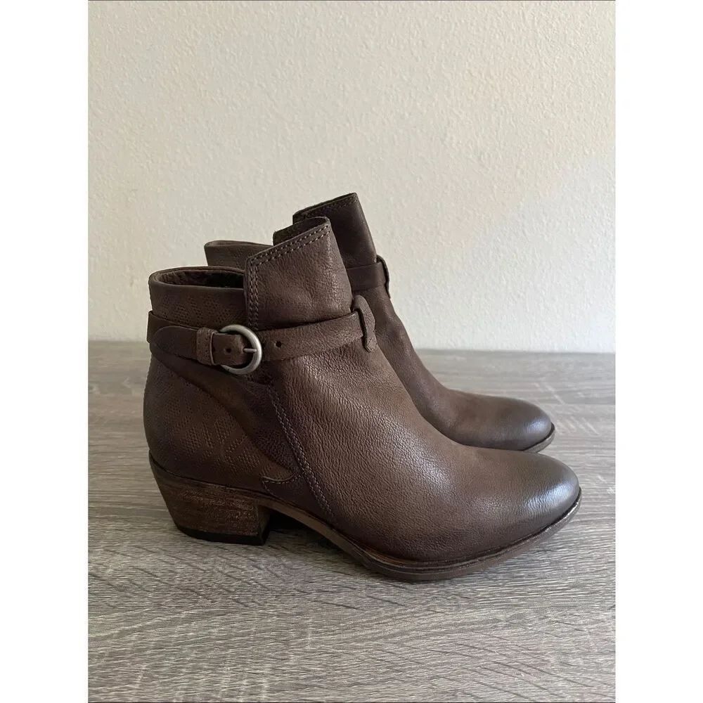 New Miz Mooz Davis Brown Leather Buckle Ankle Boots Vintage Rustic Boho Bootie 9